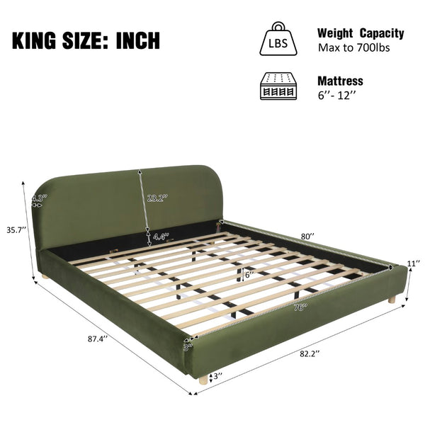 English Elm King Platform Bed Curved Boucle Upholstered Headboard Solid Rubberwood Legs Modern Bedroom N757P411870V
