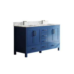 English Elm 59" Double Basin Vanity Carrara Top Solid Wood Frame Vintage Legs 6 Drawer Blue T3785P383044