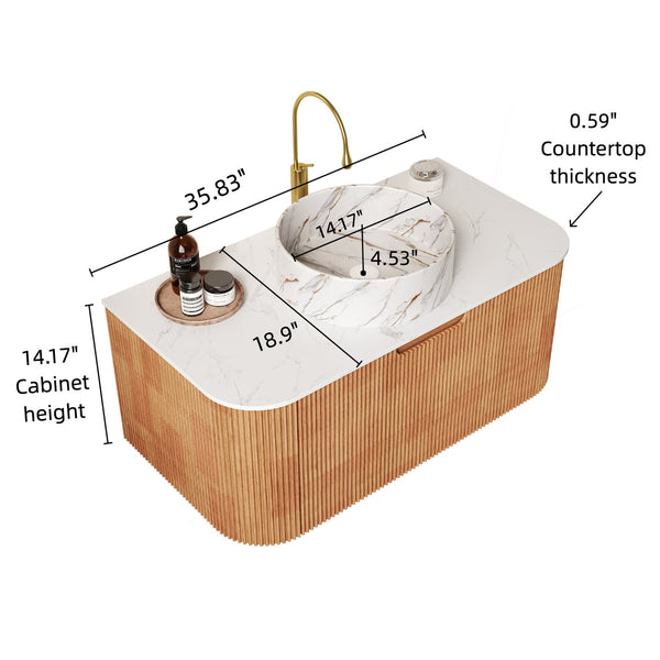 English Elm Dina 36" Wall-Mounted Vanity With Curved Ceramic Basin, Natural Woodgrain, Pre-Assembled Storage Solution W2615S00491
