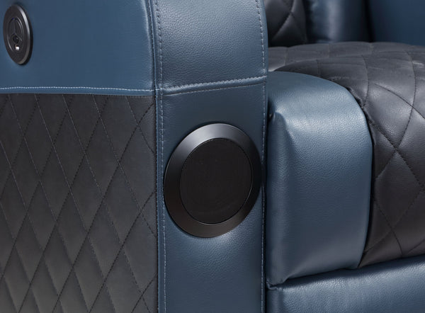 English Elm Alair Blue & Black Leather Aire Power Recliner with Bluetooth, Wireless Charger, Cooling Cupholder & Storage B2726P321025