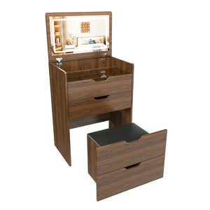 English Elm 3-in-1 Walnut Vanity Desk with Led Lighted Flip Mirror Stool Compact Bedroom Station W2699P404629