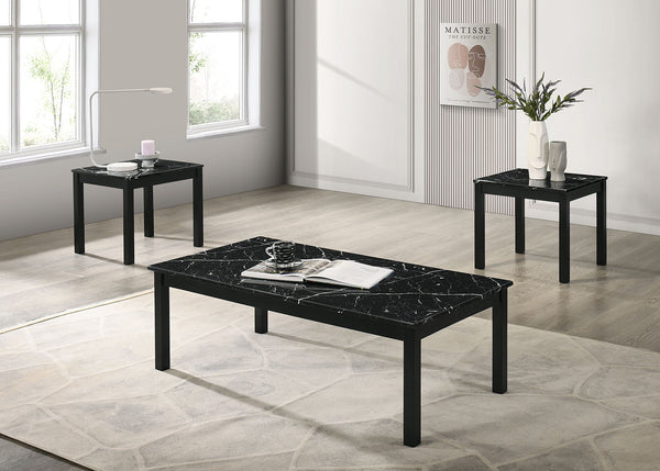 English Elm Contemporary 3-Piece Table Set With Faux Marble Top & Solid Wood Legs - Stylish Living Room Decor B2741P391801