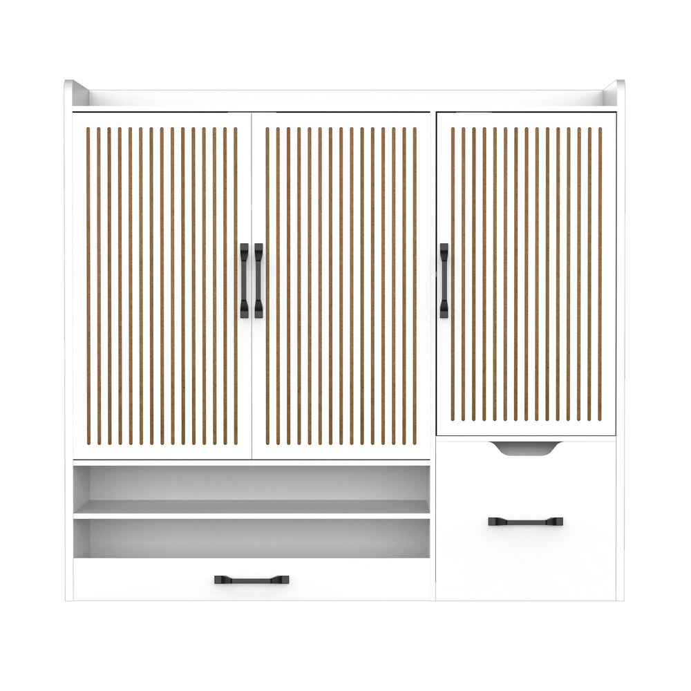 English Elm Multi-functional Shoe Cabinet with Adjustable Shelves, Stool & Retractable Toe-Kick Drawer, White Storage Organizer with Sturdy Top for Entryway and Hallway W3383P361254