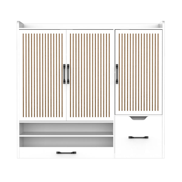 English Elm Multi-functional Shoe Cabinet with Adjustable Shelves, Stool & Retractable Toe-Kick Drawer, White Storage Organizer with Sturdy Top for Entryway and Hallway W3383P361254