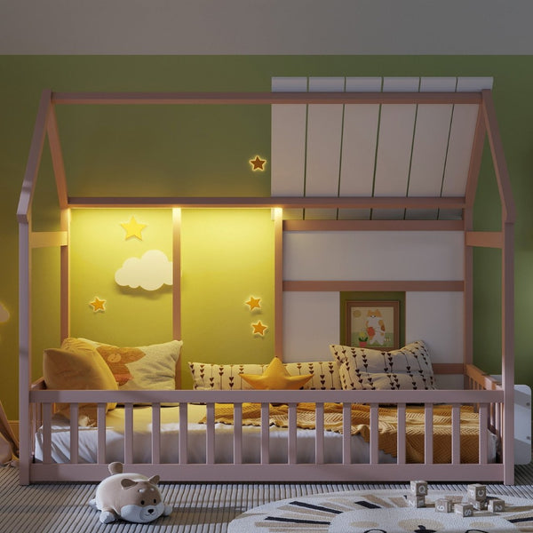 English Elm Twin House Frame Floor Bed Pinewood Build with Led Roofline Kids Bedroom Cream,White W697P435884