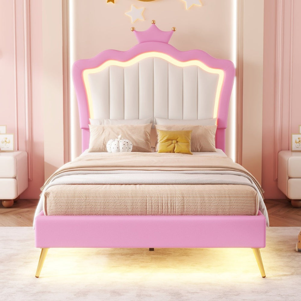 English Elm Twin Size Upholstered Bed Frame With Crown Headboard & Led Lights - Modern Pink & White Princess Style W2770P190377-GIGA