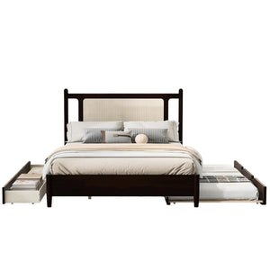 English Elm Queen Size Wooden Rattan Platform Bed With Spacious Storage Drawers & Twin Trundle In Espresso Finish N820S00002P-GIGA