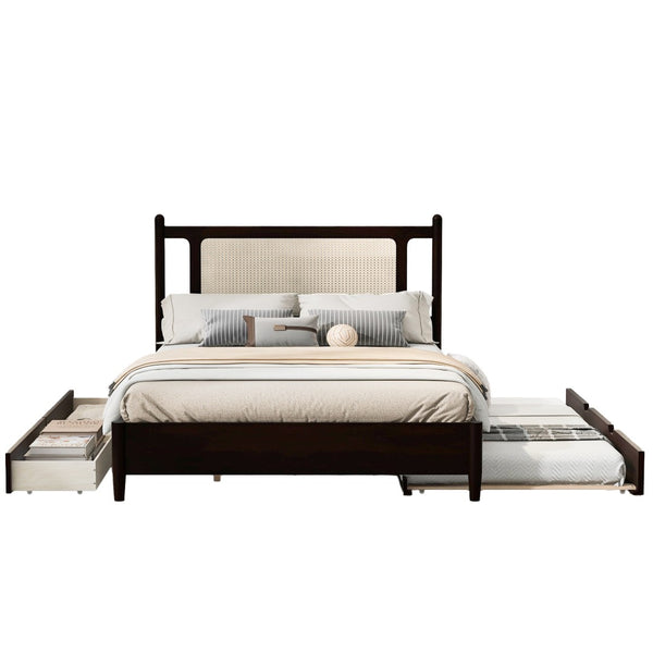 English Elm Queen Size Wooden Rattan Platform Bed With Spacious Storage Drawers & Twin Trundle In Espresso Finish N820S00002P-GIGA