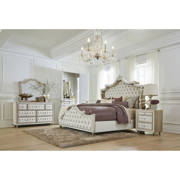 English Elm Justine Ivory Camel Tufted Eastern King Panel Bed — Wingback Velvet Headboard, Crystal Buttons, Nailhead Trim B062S00711