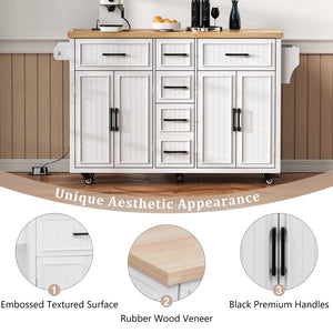English Elm K&k Farmhouse Rolling Kitchen Island Drop Leaf Power Outlet Five Drawers Cabinet Storage White N707S263094W
