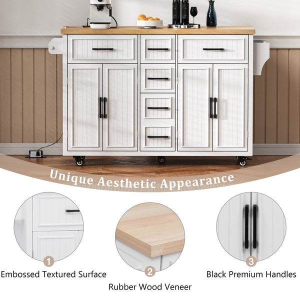 English Elm K&k Farmhouse Rolling Kitchen Island Drop Leaf Power Outlet Five Drawers Cabinet Storage White N707S263094W
