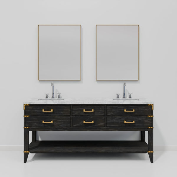 English Elm Black Oak Double Bath Vanity 72" With Carrara Marble Top, Chrome Faucets & Two Elegant Mirrors B2731S02199