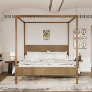 English Elm King Four Post Canopy Bed Solid Rubberwood Antique Oak Finish Farmhouse Bedroom N758K083839N