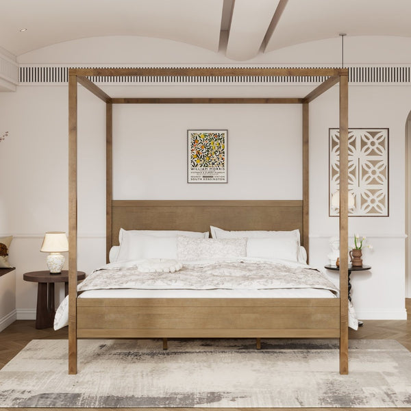 English Elm King Four Post Canopy Bed Solid Rubberwood Antique Oak Finish Farmhouse Bedroom N758K083839N
