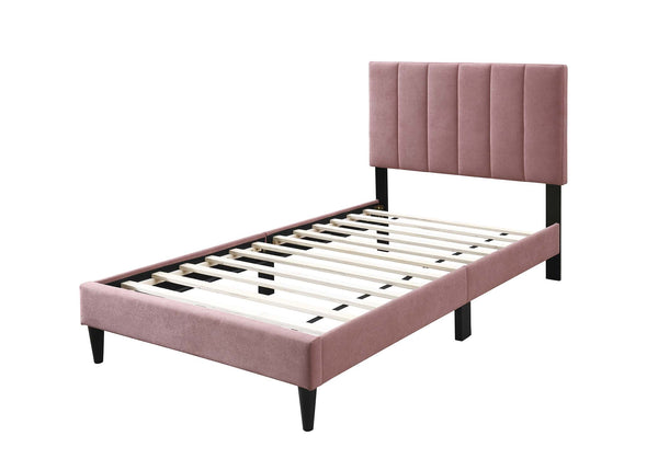 English Elm Twin Brushed Linen Bed with Adjustable Channel Tufted Headboard, 3" Lift, 12-Slat Support for Luxe Comfort Pink 45 L x 30 W x 5 H B089P240522