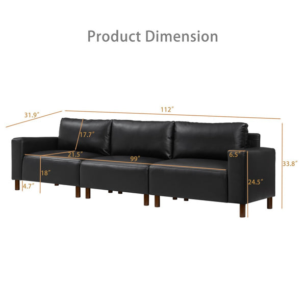 English Elm 112" Mid-century Faux Leather Three-seat Sofa with Rubberwood Legs for Living Room Black W1097S00255