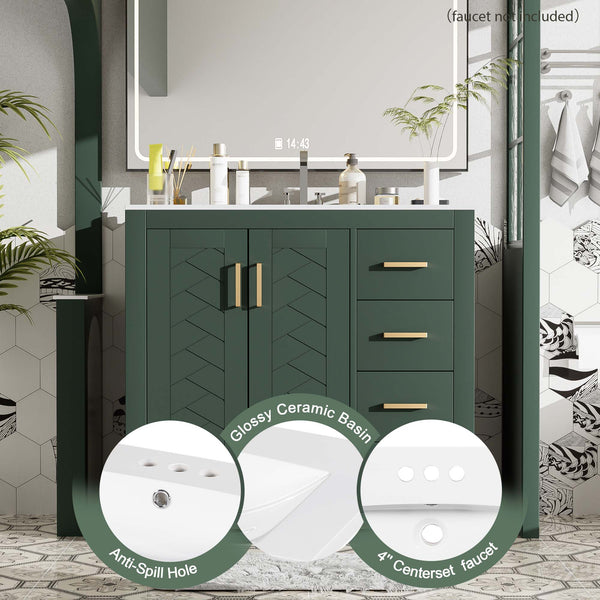 English Elm 36'' Bathroom Vanity with Ceramic Sink Combo Solid Wood Frame Soft-Closing Drawers Ample Storage Elegance Green N710P243327F