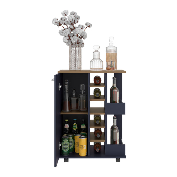 English Elm Bar Cart Natural Oak Blue with Locking Casters, Spacious Cabinet, 2 Open Shelves, 6 Bottle Cubbies, Stylish Serve B070P378357
