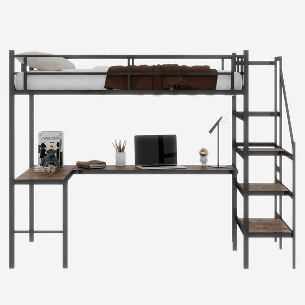 English Elm Loft loft bed with L-shaped desk, built-in storage stairs, 360° guardrail, sturdy iron frame for small rooms Black W1935S00003