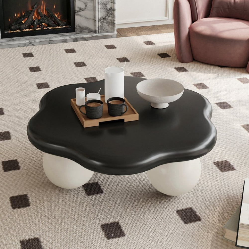 English Elm 35" Cloud Shaped Mdf Coffee Table Sculptural Round Top with Spherical Legs for Modern Living Black White W1435S00029