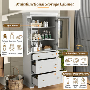 English Elm 70.1" Modern Tall Storage Cabinet with 3 Drawers, 2 Adjustable Shelves, Soft-Close Glass Doors, Gold Handles White N729P271979K