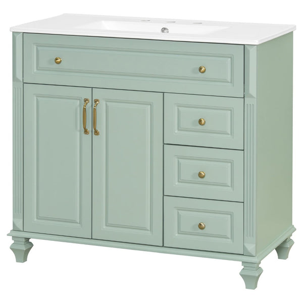 English Elm 36" Forest Green Rubberwood Bathroom Vanity with Ceramic Sink and Golden Hardware N725P356069F