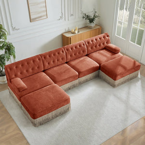 English Elm 4-seater Modular Sectional with Ottomans Tufted Fleece Sofa Tassel Skirt Retro Luxe Red+Brown W714S01727
