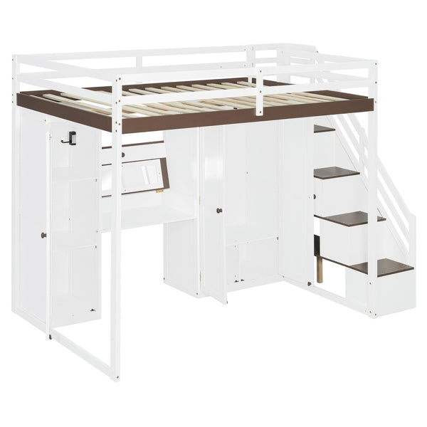 English Elm Full Size Teen Loft Bed with Wardrobe Staircase Storage Dressing Table and Led Lights LT000276AAP