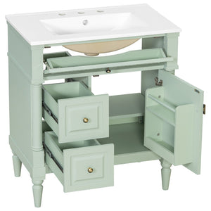 English Elm 30" Freestanding Bathroom Vanity Rubberwood Frame Ceramic Sink Flip Drawer Storage Green N725P356062F