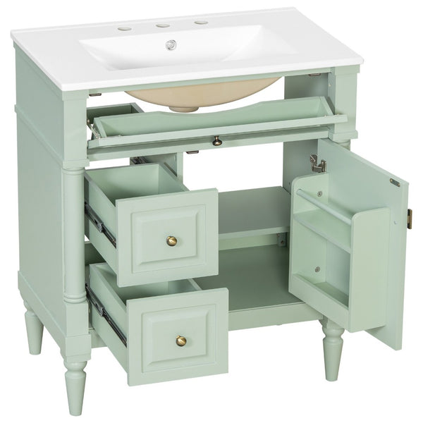 English Elm 30" Freestanding Bathroom Vanity Rubberwood Frame Ceramic Sink Flip Drawer Storage Green N725P356062F