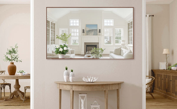 English Elm 60*36" Oversized Modern Rectangle Bathroom Mirror with Walnut Aluminum Frame Removable Tray, Versatile Wall or Floor Mount, HD Reflection and Durable Design W708P297589