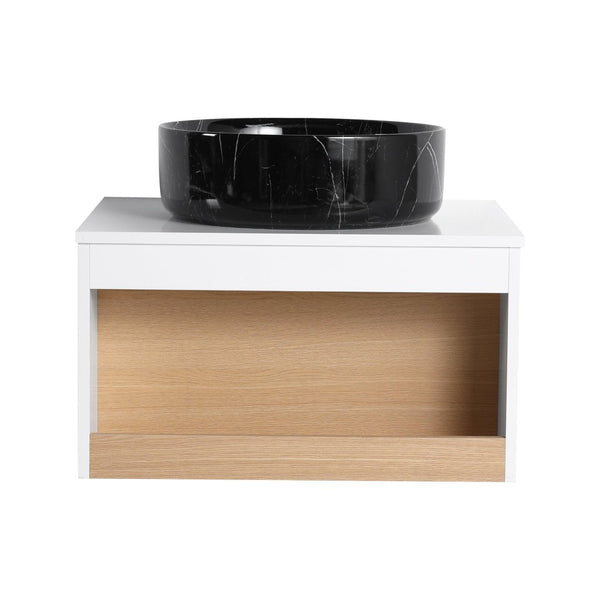 English Elm 24" Floating Bathroom Vanity Open Shelf Ceramic Vessel Sink Modern White Wood Finish W3450S00055