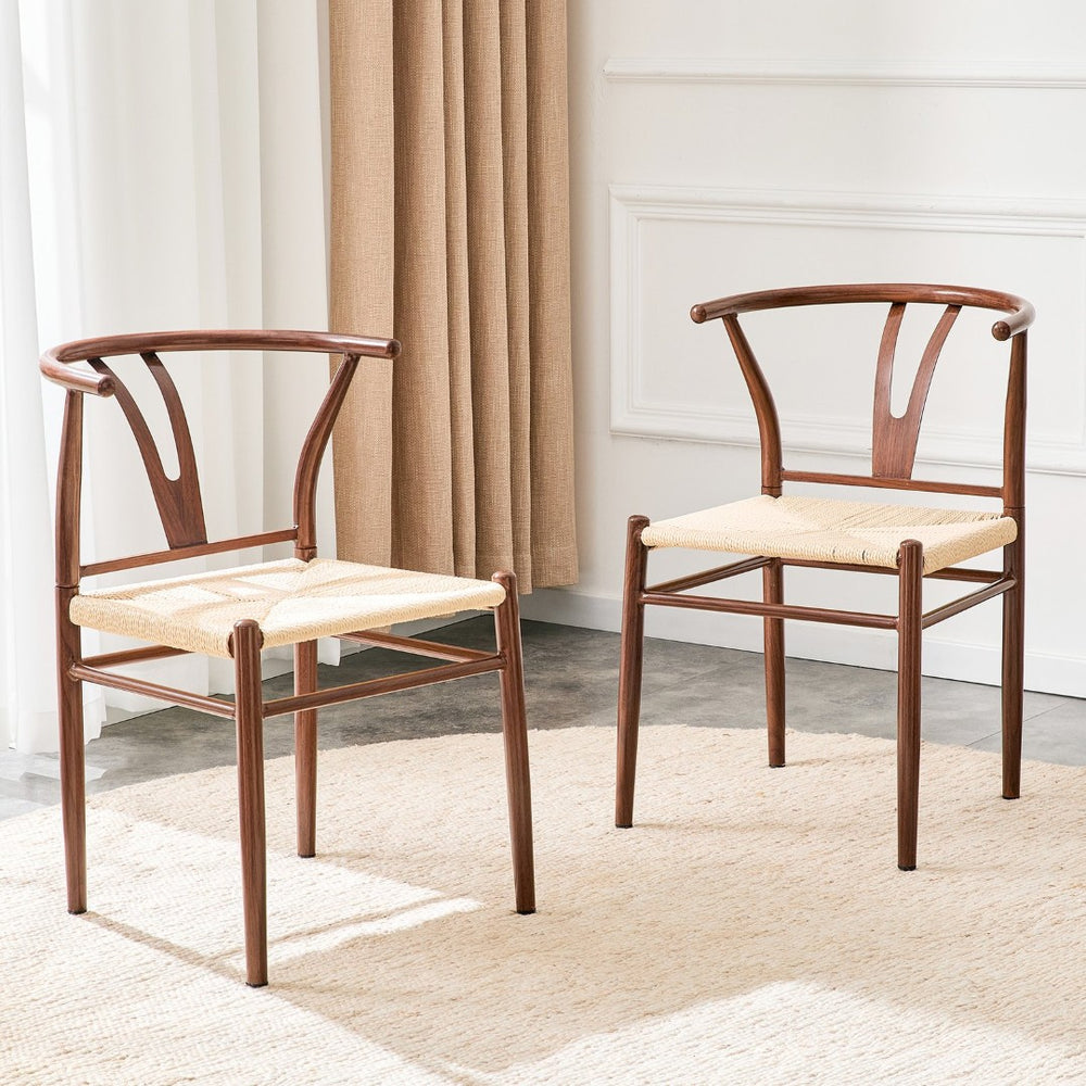 English Elm Wesborn Artisan Rope Woven Iron Dining Chair Set Medieval Y Back Industrial Style Brown W2920P430785