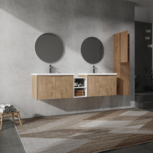 English Elm 72" Modern Wall-Mounted Bathroom Vanity Set With Soft-Close Doors, Resin Sinks & Extra Storage Space W999S00232