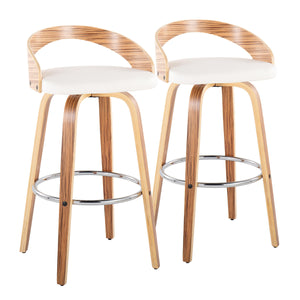 English Elm Grotto 30" Mid-Century Modern Barstool Set Of 2 - Swivel Seat In Zebra Wood & White Faux Leather B202S00599