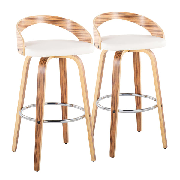 English Elm Grotto 30" Mid-Century Modern Barstool Set Of 2 - Swivel Seat In Zebra Wood & White Faux Leather B202S00599