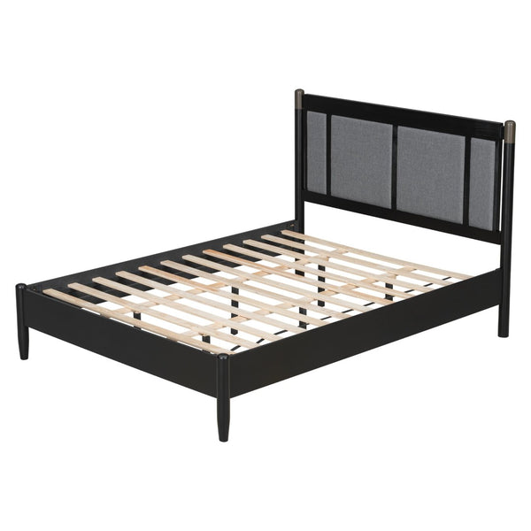 English Elm Solid Pine Queen Bed Industrial Upholstered Headboard with Iron Handles 500 Lb Frame Black,Dark Grey N770PQ361408B