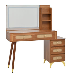 English Elm 47''Vintage Elegant Makeup Vanity with Lights and Mirror, 5-Drawer Rattan Design, Solid Wood Craftsmanship Walnut 46 L x 27 W x 8 H N733P337468M