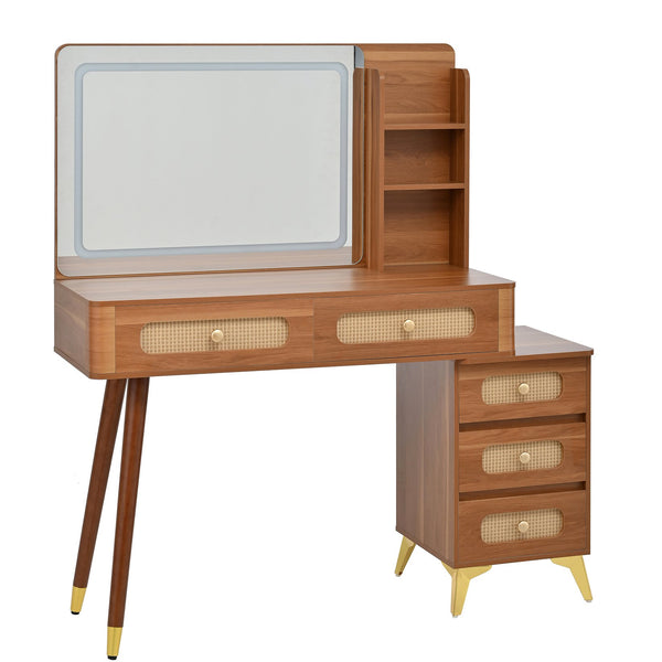 English Elm 47''Vintage Elegant Makeup Vanity with Lights and Mirror, 5-Drawer Rattan Design, Solid Wood Craftsmanship Walnut 46 L x 27 W x 8 H N733P337468M