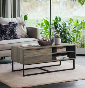 English Elm Homare Rustic Oak Coffee Table with Black Metal Legs, 1 Door & 2 Open Shelves, Adjustable Height B2726P281466