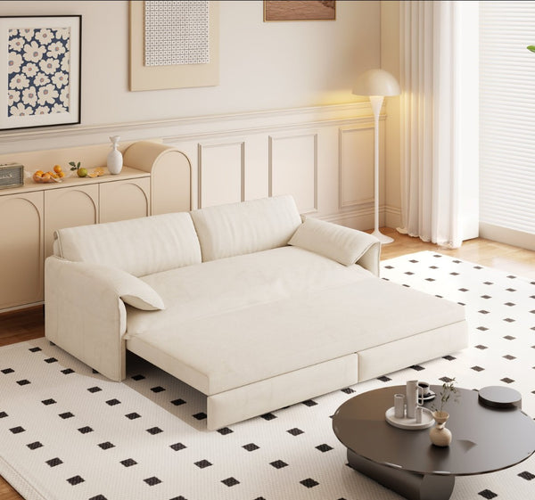 English Elm 66" Queen Sleeper Loveseat Velvet Convertible Sofa with Built-in Side Storage for Living Room Beige+White W1885S00322