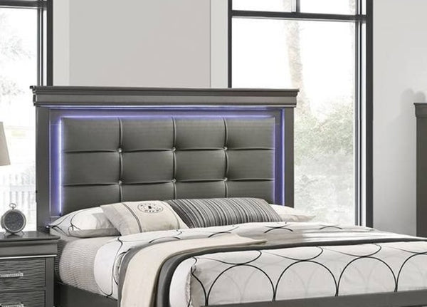 English Elm Dark Faux Leather Diamond Tufted Eastern King Bed with Built in Led Ambient Headboard Gray B011S02088