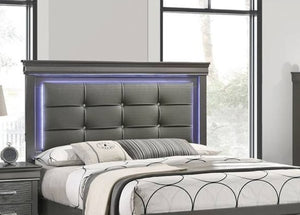 English Elm Gray Faux Leather Queen Bed with Led Headboard and Square Button Tufted Frame B011S02087