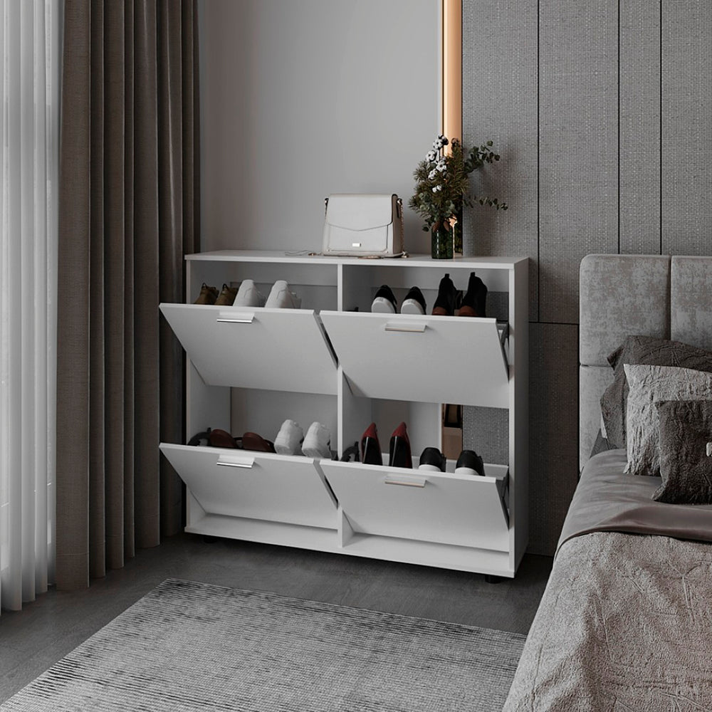 English Elm Deming White Shoe Rack with Four Drop Down Compartments for Entryway or Bedroom B092P315573