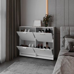English Elm Deming White Shoe Rack with Four Drop Down Compartments for Entryway or Bedroom B092P315573
