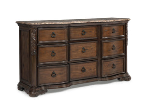 English Elm 1pc Genuine Marble Top Dresser with Nine Drawers, Intricate Moldings and Curved Silhouette, Luxury Finish Brown,Coffee 75 L x 23 W x 41.5 H B2741P366054