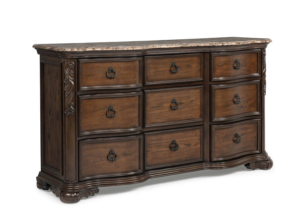 English Elm 1pc Genuine Marble Top Dresser with Nine Drawers, Intricate Moldings and Curved Silhouette, Luxury Finish Brown,Coffee 75 L x 23 W x 41.5 H B2741P366054