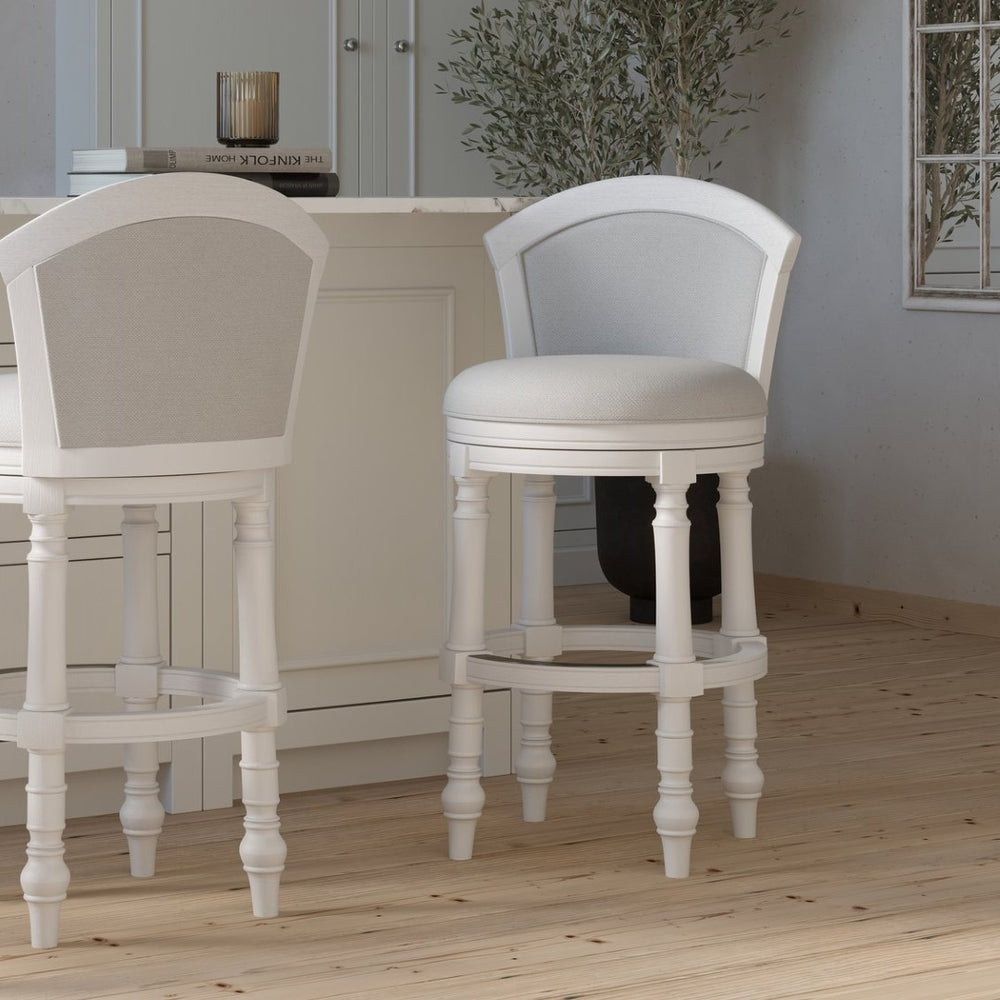 English Elm 26" Farmhouse Barrel Back Swivel Counterstool Upholstered Wood Frame Kitchen Island Seating White B2751P436469