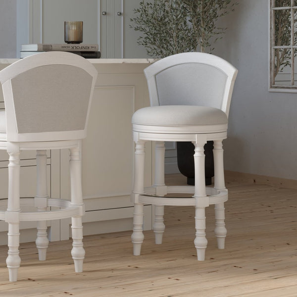 English Elm 26" Farmhouse Barrel Back Swivel Counterstool Upholstered Wood Frame Kitchen Island Seating White B2751P436469