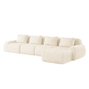English Elm 146" Modular L-shaped Sectional Flannelette Sofa with Ottoman Tool-free Living Room Setup Cream W714S01522